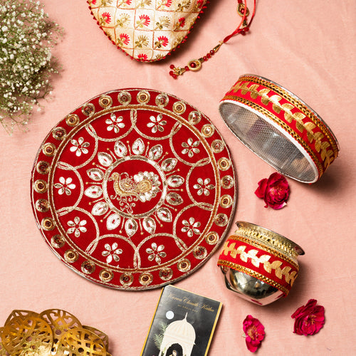 Swarnika Red Zari Karwa Chauth Thali Set