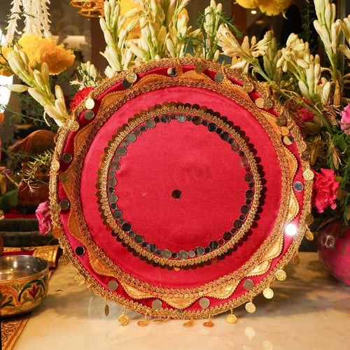 Pink Mirror Gold Coins Karwa Chauth Thali Set
