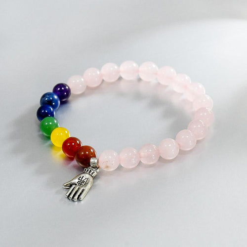 Rose Quartz and 7 Chakra Bracelet with Charm
