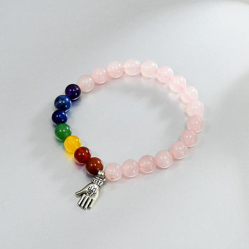 Rose Quartz and 7 Chakra Bracelet with Charm