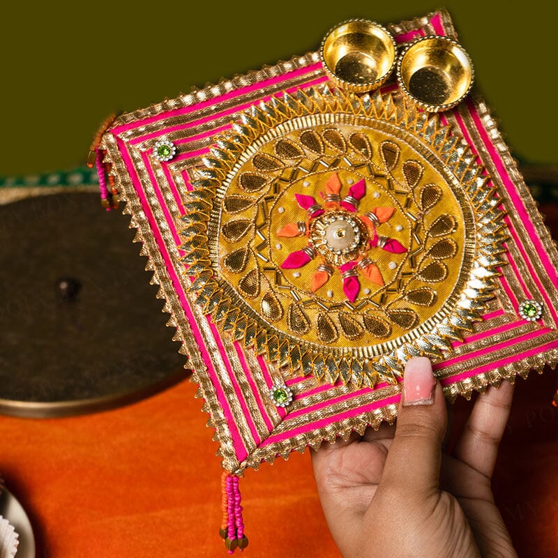 Floral Gota Patti Pink Pooja Thali 6