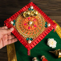 Floral Gota Patti Red Pooja Thali 6"