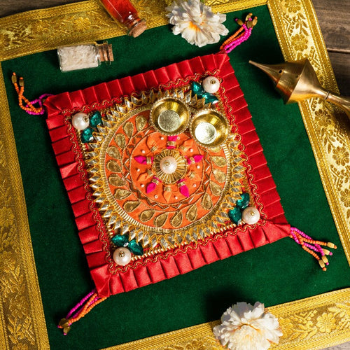 Floral Gota Patti Red Pooja Thali 6"