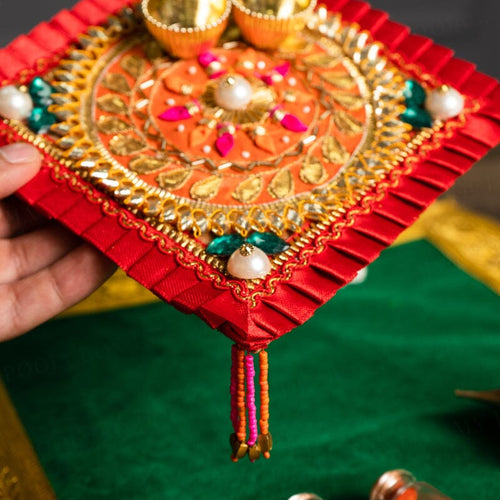 Floral Gota Patti Red Pooja Thali 6"