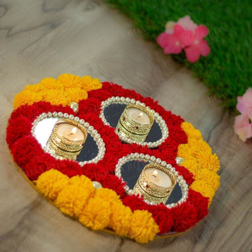 Festive Floral 3 Diya Pearl Studded Thali