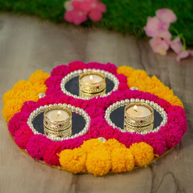 Festive Floral 3 Diya Pearl Studded Thali