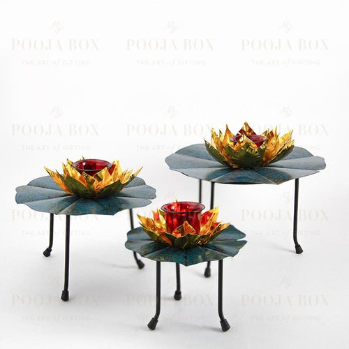 Teal Petal Lotus Diya Stand (Set Of 3) Candle Holder