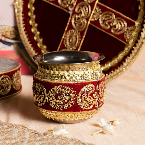 Velvet Maroon Golden Embroidery Karwa Chauth Thali set With Potli