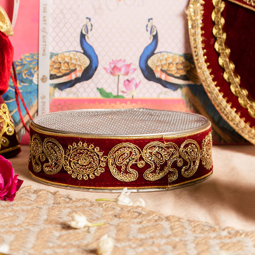 Velvet Maroon Golden Embroidery Karwa Chauth Thali set With Potli