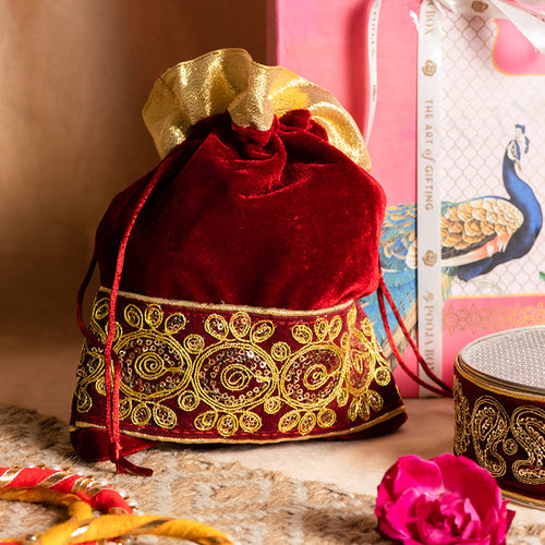Velvet Maroon Golden Embroidery Karwa Chauth Thali set With Potli
