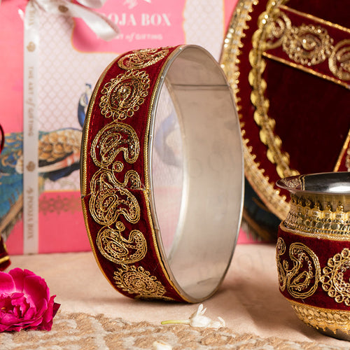 Velvet Maroon Golden Embroidery Karwa Chauth Thali set With Potli