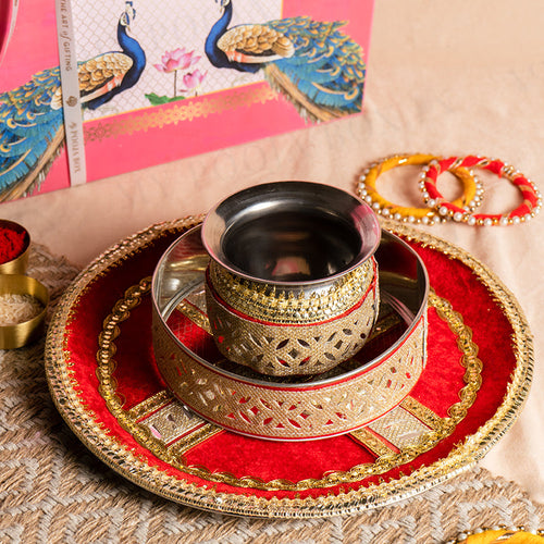 Red Mirrored Karwa Chauth Thali Set