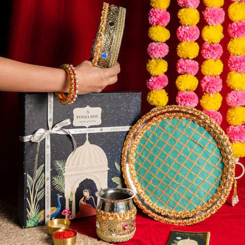 Lush Blue & Gold Karwa Chauth Thali Set