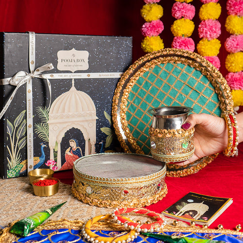 Lush Blue & Gold Karwa Chauth Thali Set