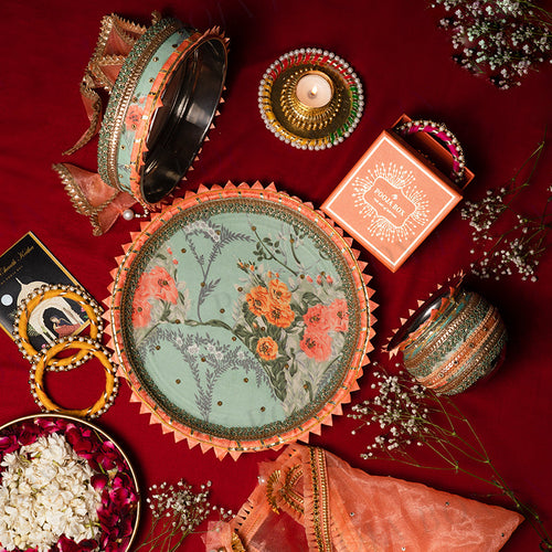 Azalea Green Karwa Chauth Thali Set With Thali Cover