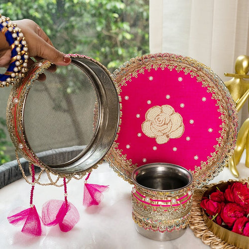 Rosy Fuchsia Pink Karwa Chauth Thali Set