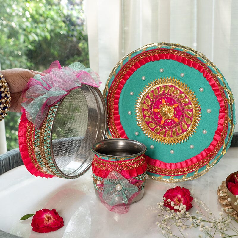 Blossom Blue Pink Karwa Chauth Thali Set