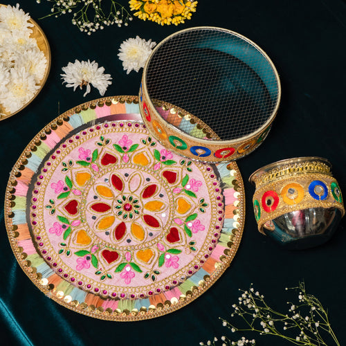 Pastel Colorful Karwa Chauth Thali Set