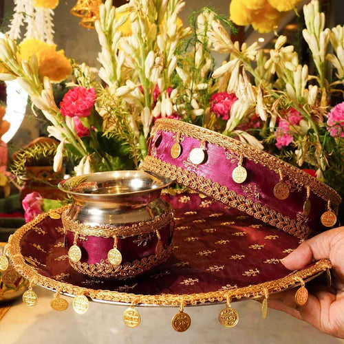 Maroon Gold Coins Karwa Chauth Thali Set