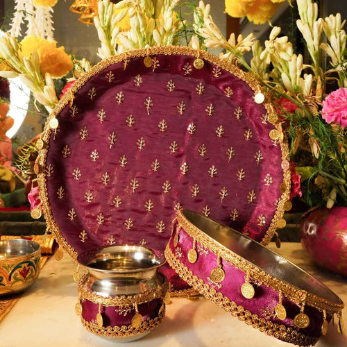 Maroon Gold Coins Karwa Chauth Thali Set