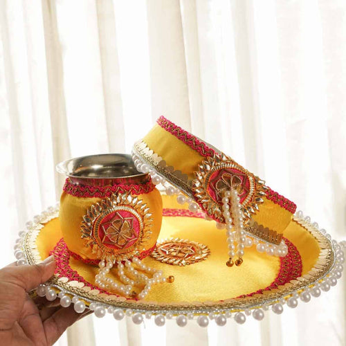 Yellow Red Gota Karwa Chauth Thali Set