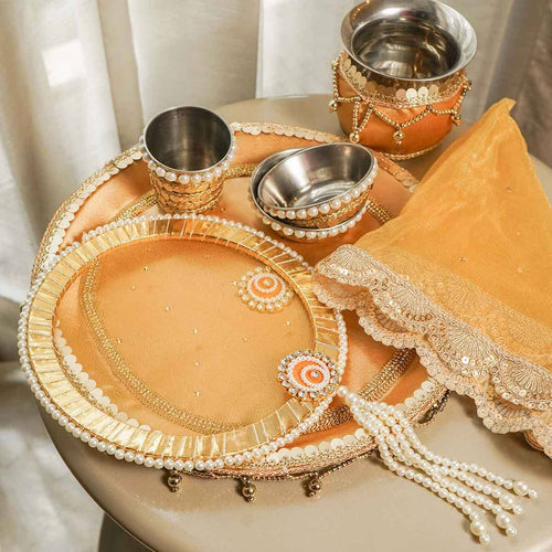 Gold Lace Karwa Chauth Thali Set with Cover