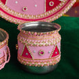 Coral Pink Velvet Karwa Chauth Thali Set