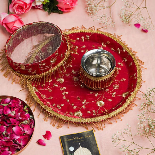 Red Beaded Karwa Chauth Thali Set