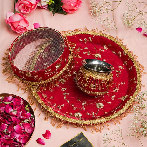 Red Beaded Karwa Chauth Thali Set