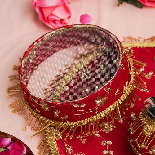 Red Beaded Karwa Chauth Thali Set