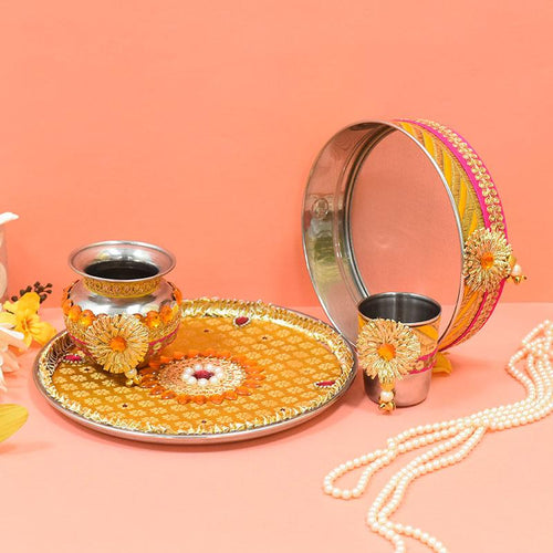 Eye-Catching Golden Pink Karwa Chauth Thali Set