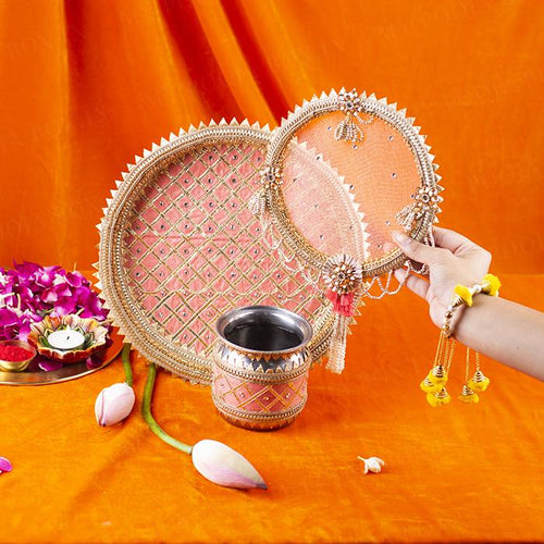 Pretty Peach Karwa Chauth Thali Set