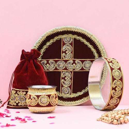 Velvet Maroon Golden Embroidery Karwa Chauth Thali set With Potli