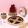 Velvet Maroon Golden Embroidery Karwa Chauth Thali set With Potli