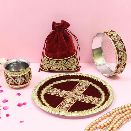 Velvet Maroon Golden Embroidery Karwa Chauth Thali set With Potli