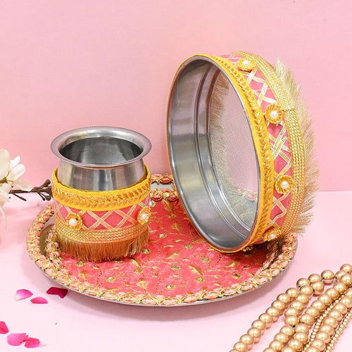 Peach & Yellow Glimmer Karwa Chauth Thali Set