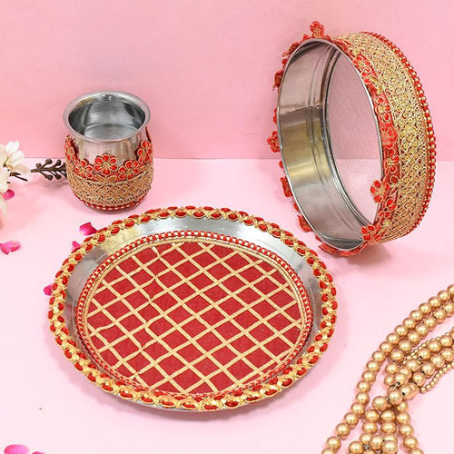 Ruby Red Embroided Karwa Chauth Thali Set