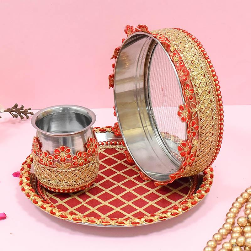 Ruby Red Embroided Karwa Chauth Thali Set