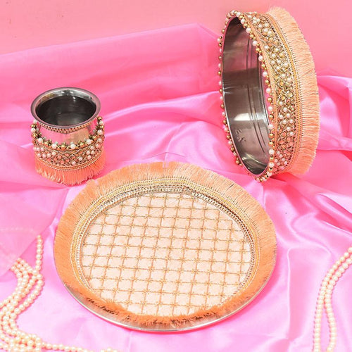 Pretty Peach Beaded Karwa Chauth Thali Set