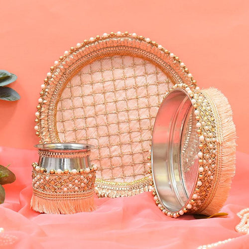 Perfect Peach Beaded Karwa Chauth Thali Set