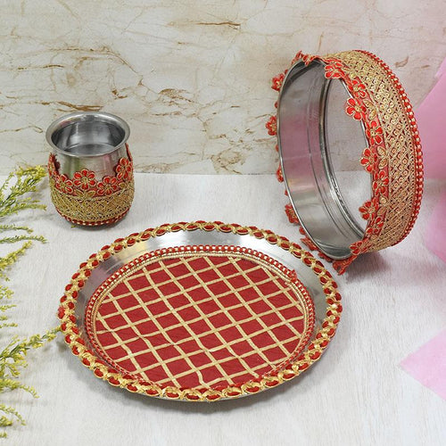 Ruby Red Embroided Karwa Chauth Thali Set