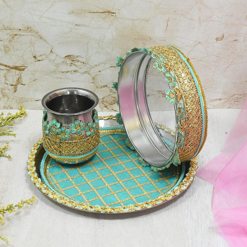 Mint Blue & Golden Lace Karwa Chauth Thali Set