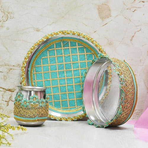 Mint Blue & Golden Lace Karwa Chauth Thali Set