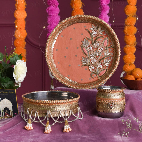 Flora Peach Karwa Chauth Thali Set