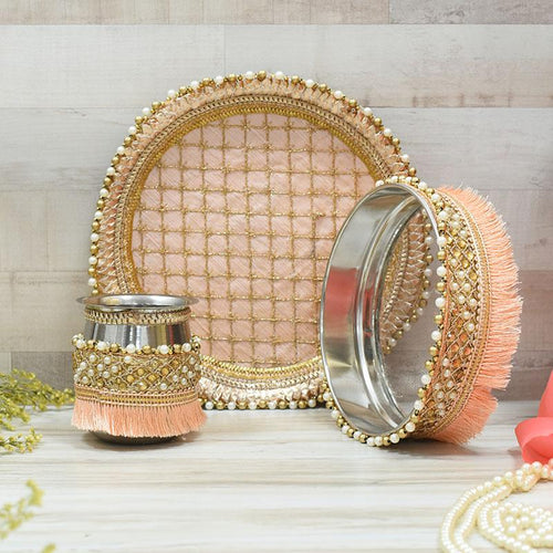 Perfect Peach Beaded Karwa Chauth Thali Set