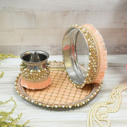 Perfect Peach Beaded Karwa Chauth Thali Set