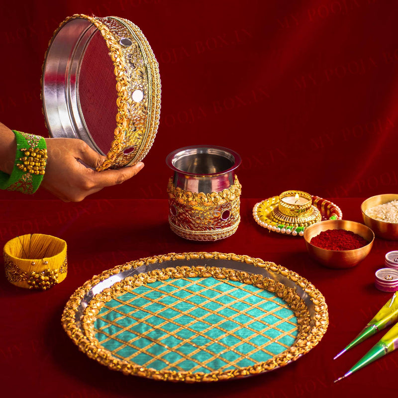 Lush Blue & Gold Karwa Chauth Thali Set