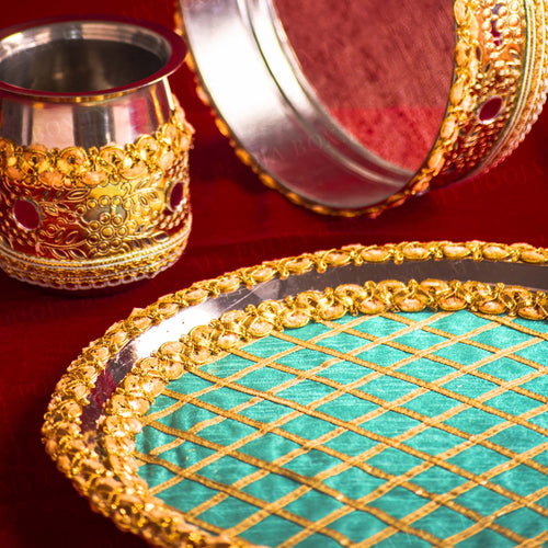 Lush Blue & Gold Karwa Chauth Thali Set