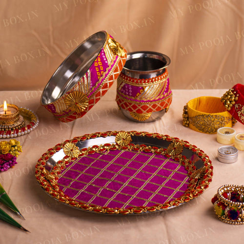 Jaipuri Pink Karwa Chauth Thali Set