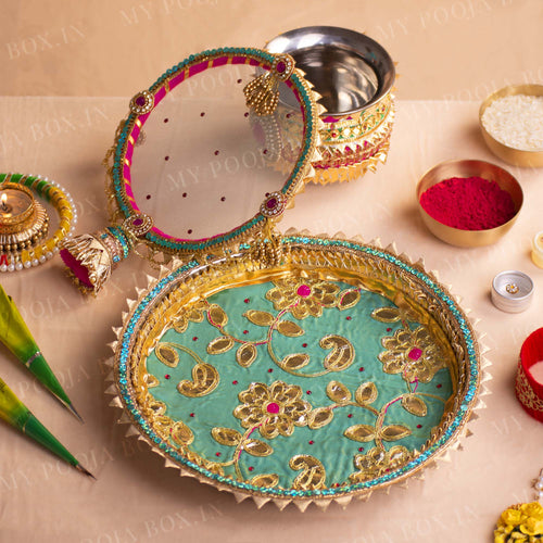 Inaayat Karwa Chauth Thali Set (Blue & Pink)